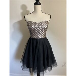 Y2K Sequin Strapless Dress Junior Size 7 Teeze Me Black and Champagne Light Gold